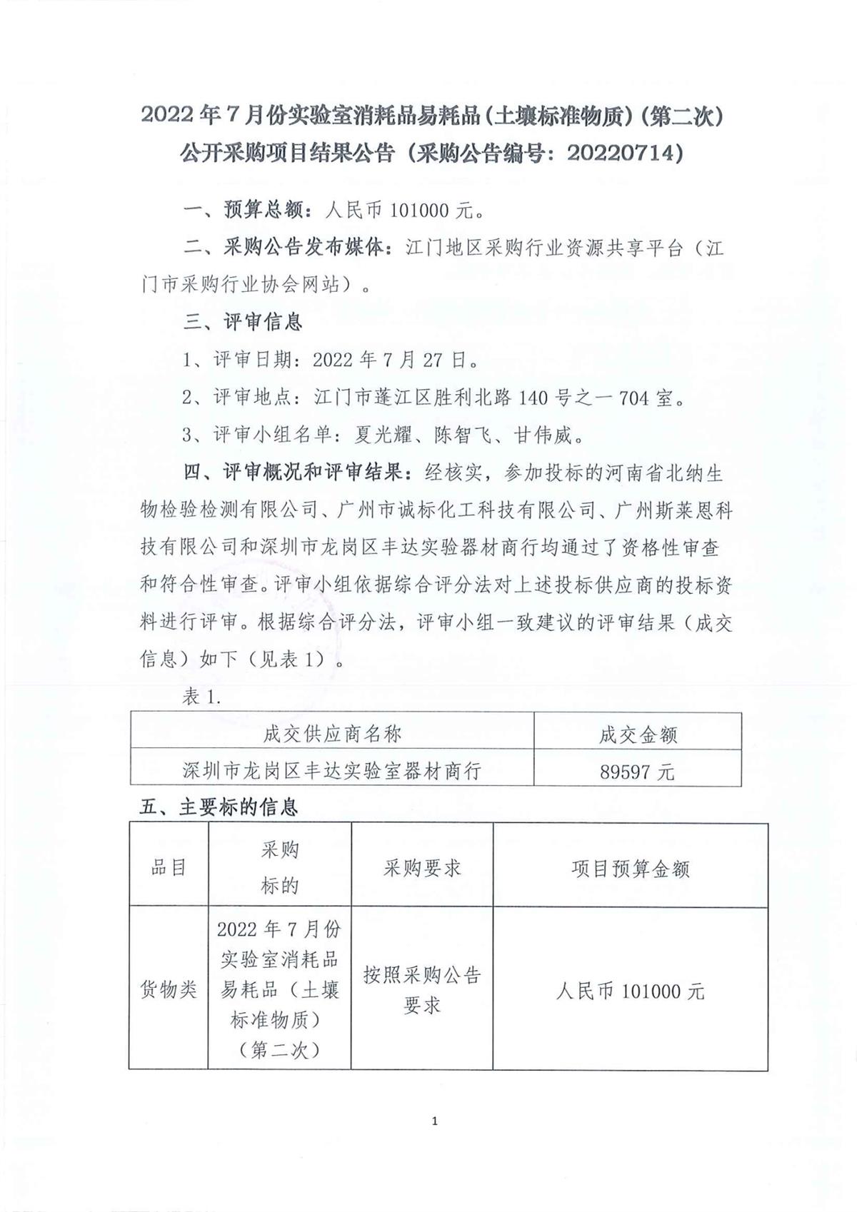 2022年7月份实验室消耗品易耗品（土壤标准物质）（第二次）公开采购项目结果公告（采购公告编号:20220714）