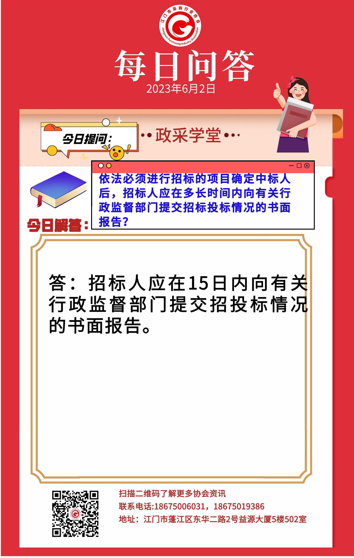 【政采学堂】依法必须进行招标有项目确定中标人后，招标人应多长时间内向有关行政监督部门提交招标投标情况的书面报告？