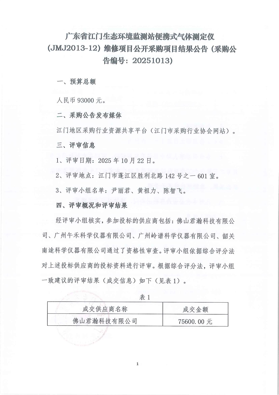 广东省江门生态环境监测站便携式气体测定仪（JMJ2013-12）维修项目公开采购结果公告（采购公告编号：20251013）_页面_1.jpg